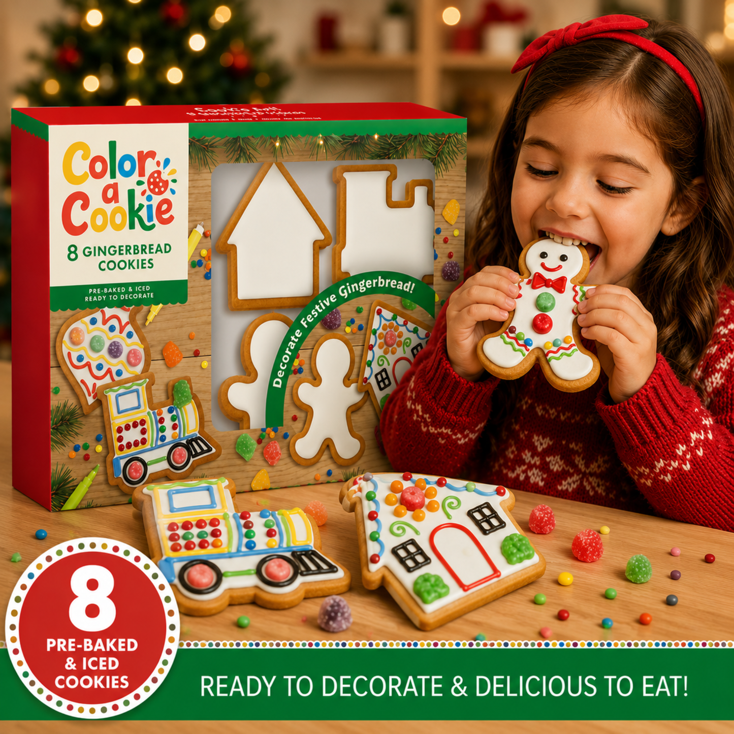 Treat Yourself! | Color a Cookie Festive Gingerbread Cookie Kit | Christmas Activity Kit | 8 Pre-Baked Iced Cookies, Rainbow Gumdrops, Rainbow Confetti, & 5 Food-Safe Markers