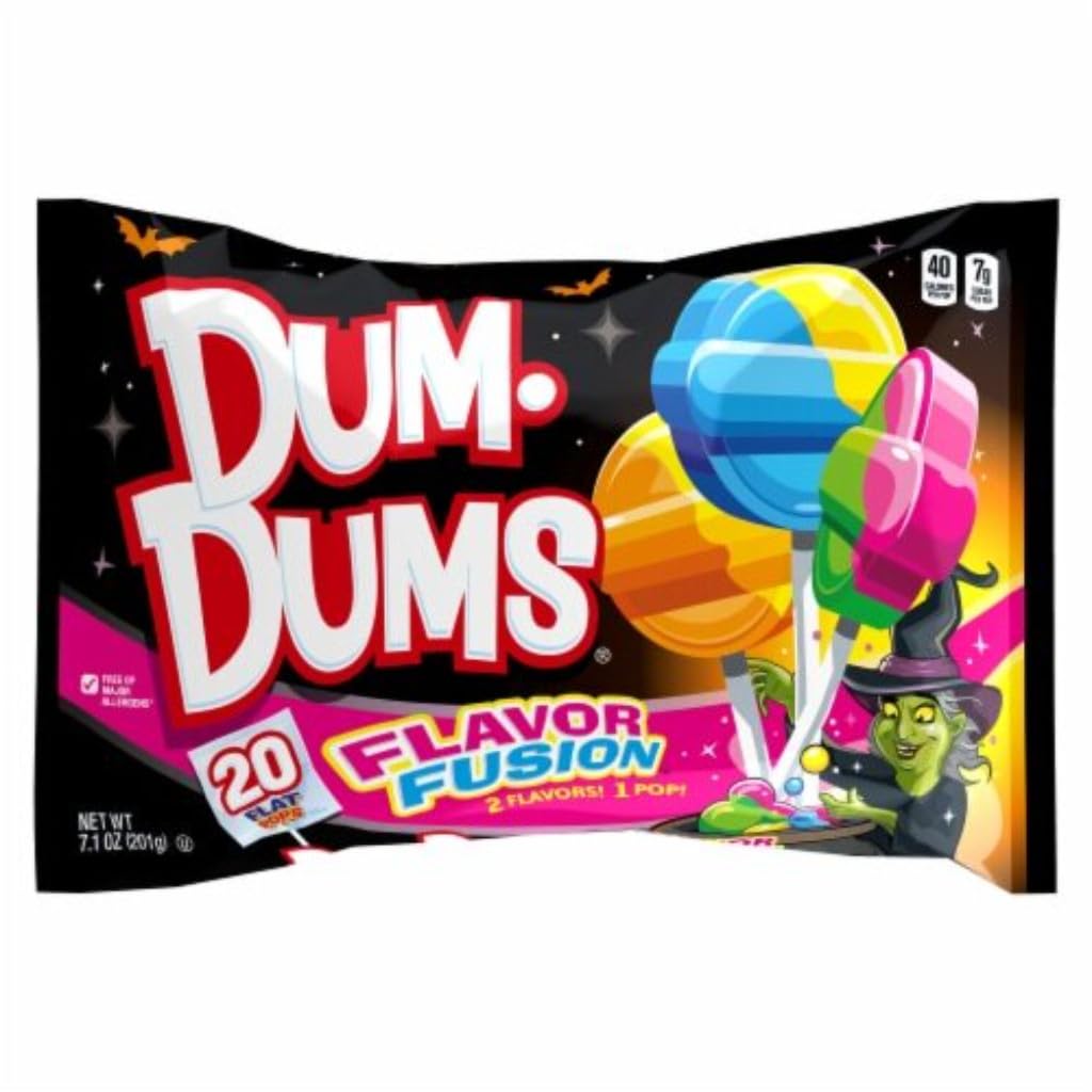 Dum Dums Flavor Fusion 7.1 oz Bag – 20 Flat Pops (4 Flavors) – Halloween Candy Assortment