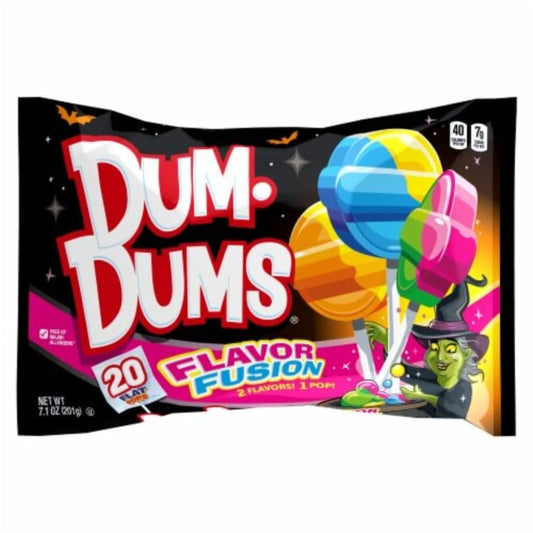 Dum Dums Flavor Fusion 7.1 oz Bag – 20 Flat Pops (4 Flavors) – Halloween Candy Assortment