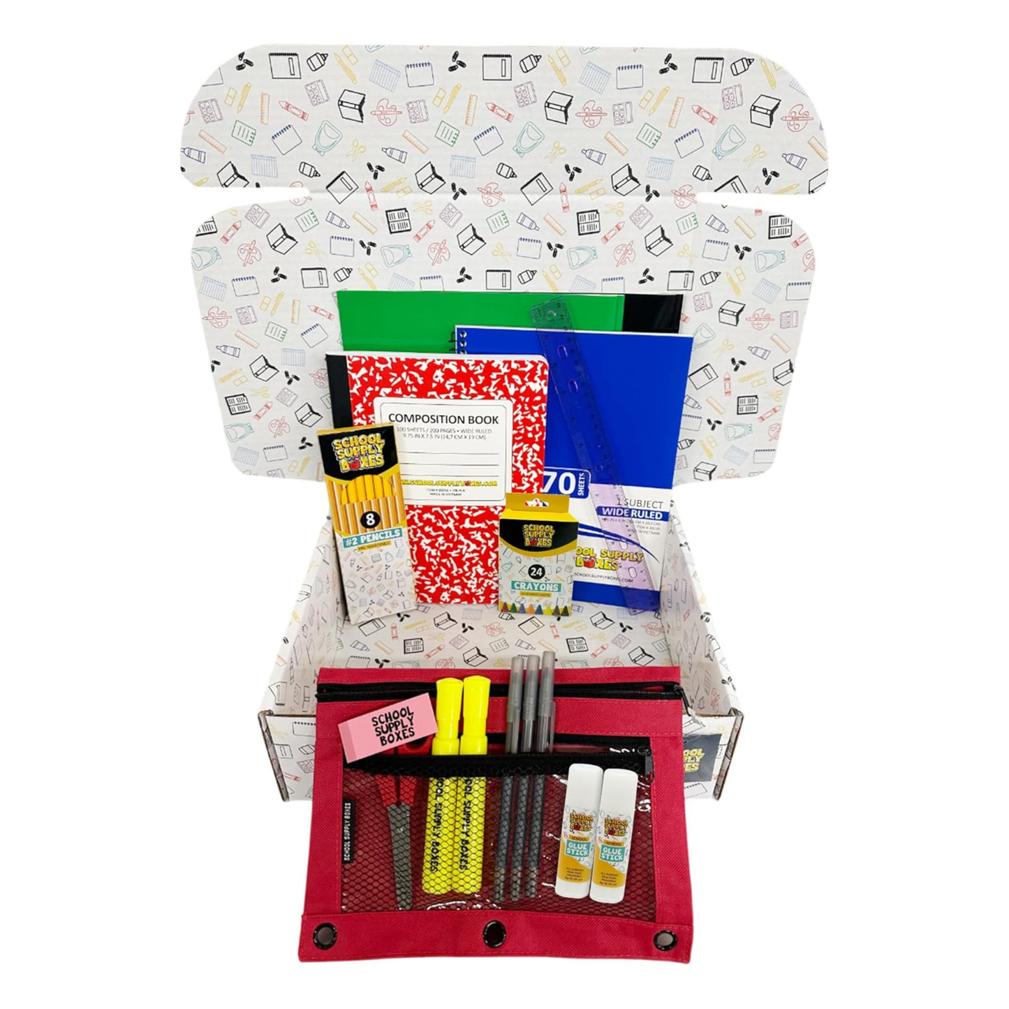 School Supply Boxes | K-8 Bundle - Available in 1 Box, 1 Case (4 Units), or 1 Pallet (180 Units) | Back to School Essentials Kit for Students & Teachers | Includes Spiral Notebook, Crayons, Pens, Pencils, Glue & More