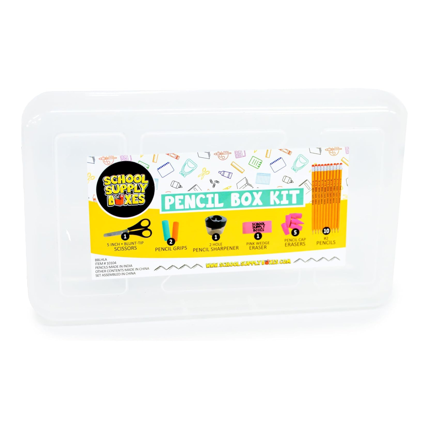 School Supply Boxes | K-5 Back to School Pencil Box Kit | 16-Piece Supply Set with Clear Plastic Box, Pencils, Crayons, Scissors & Glue Sticks
