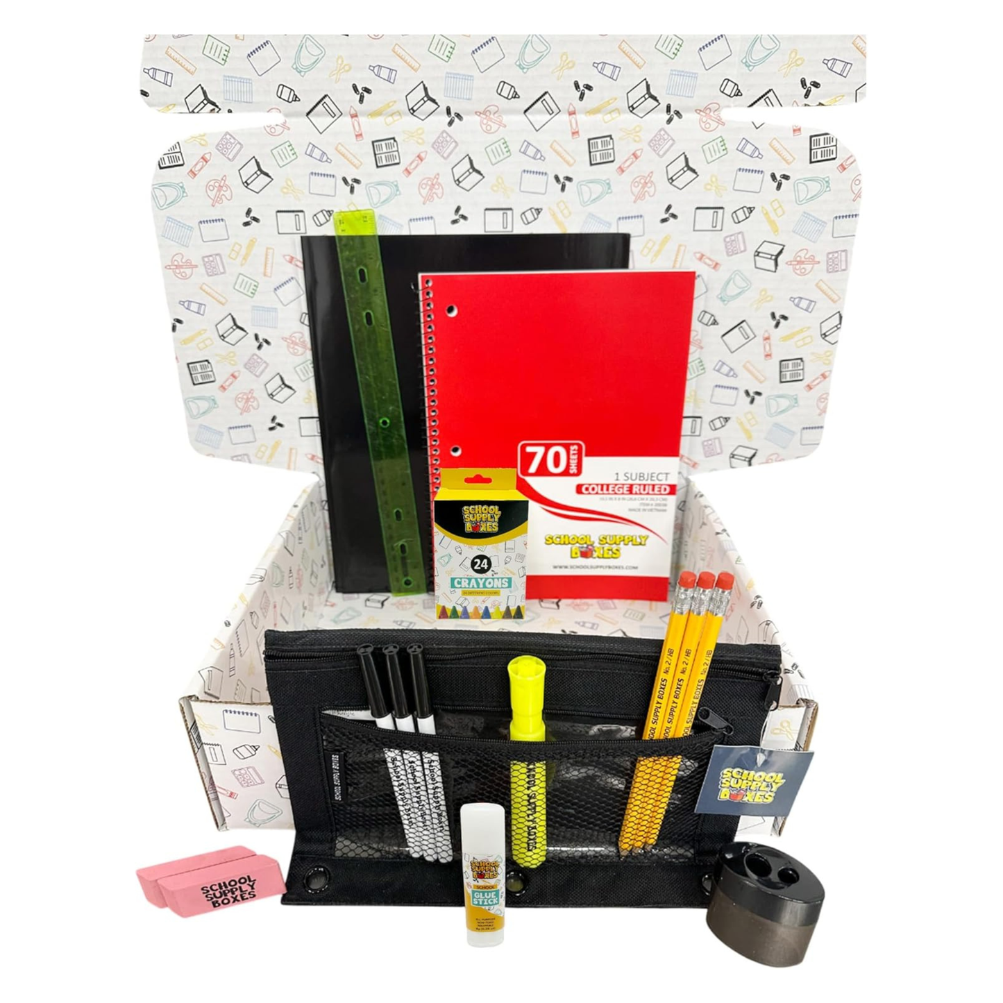 School Supply Boxes | Budget Saver Bundle - Available in 1 Box, 1 Case (4 Units), or 1 Pallet (180 Units) | Back to School Essentials Kit for Students & Teachers | Includes Spiral Notebook, Crayons, Pens, Pencils, Glue & More