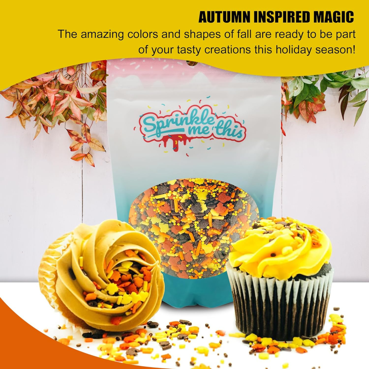 Sprinkle Me This – Autumn Foliage Fun Edible Sprinkles – 4, 8 & 12 oz – Fall Dessert Topping for Cookies, Cupcakes & Cakes