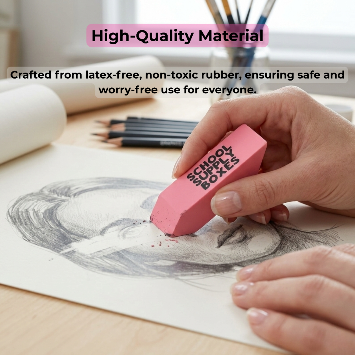 School Supply Boxes | Pink Wedge Erasers | Available in 60 Pack, 120 Pack, 240 Pack, 480 Pack | Smudge-Free and Durable