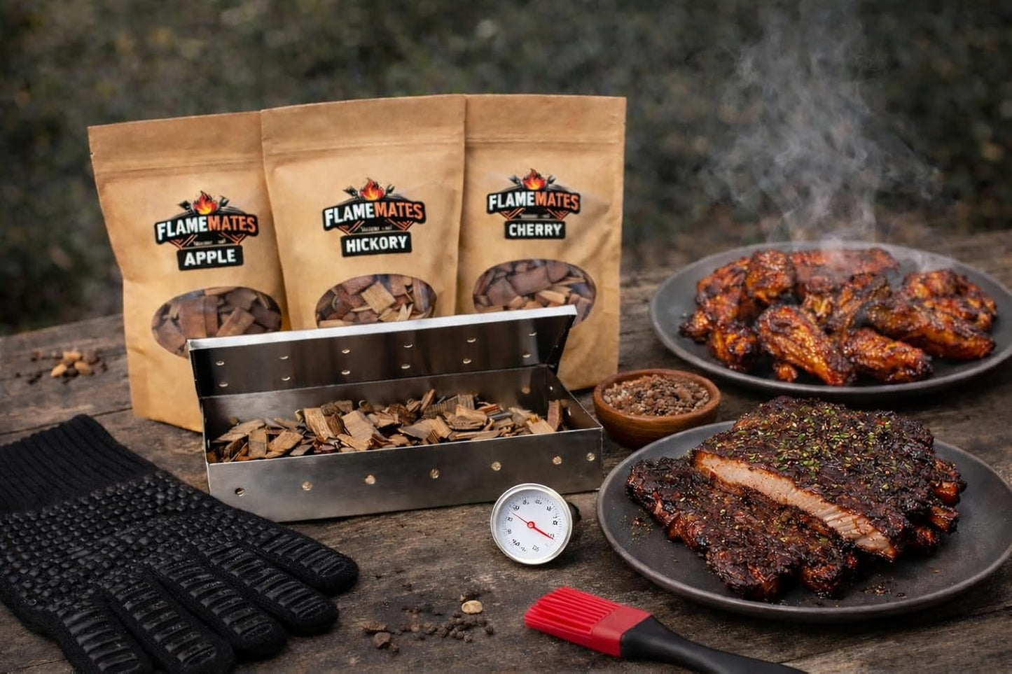 Gift Box Garden – Deluxe BBQ Smoker Kit – Grill Smoking Accessories Set with Smoker Box, Meat Thermometer, Basting Brush, Heat-Resistant Glove & Wood Chips (Hickory, Cherry, Apple)