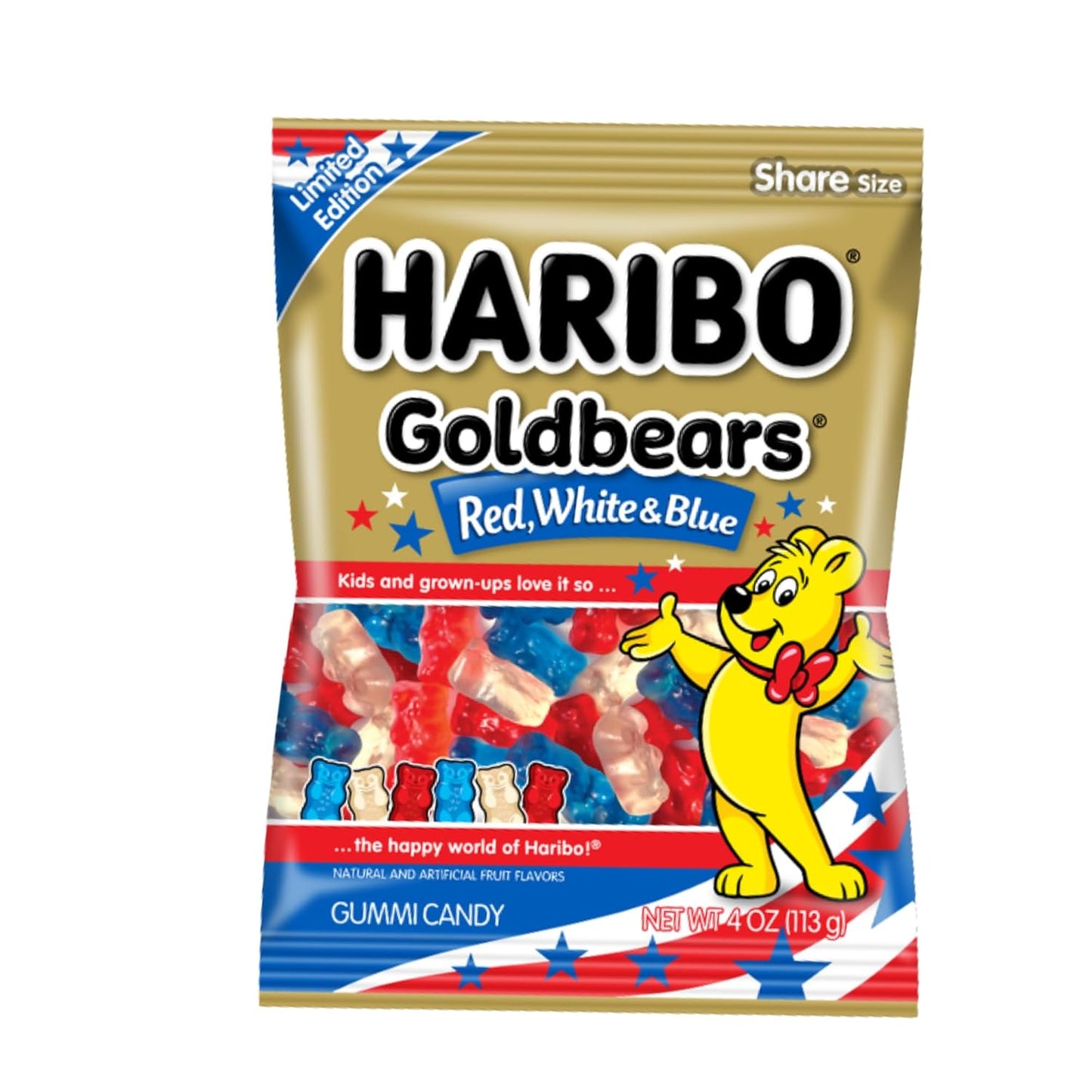 HARIBO Goldbears Red, White & Blue Gummy Candy 4 oz Bags | Cherry, Pineapple & Blue Raspberry | 1, 3, 6 & 12 Pack Options