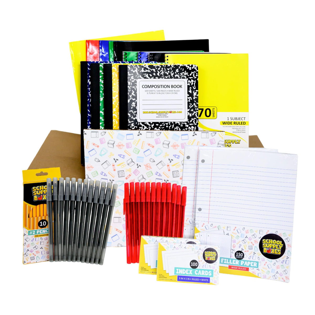 School Supply Boxes | Elementary Writing Bundle (72 Piece) | House Brand Edition | Available in a Box (1 Unit), a Case (2 Units), and a Pallet (112 Units)