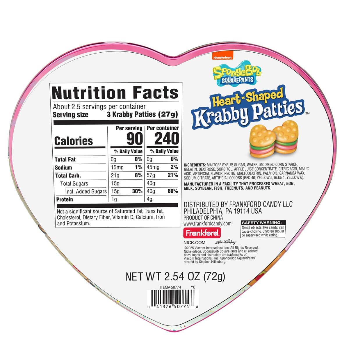 Frankford SpongeBob SquarePants Heart-Shaped Krabby Patties Gummy Candy Tin – 2.54 oz Valentine’s Gift