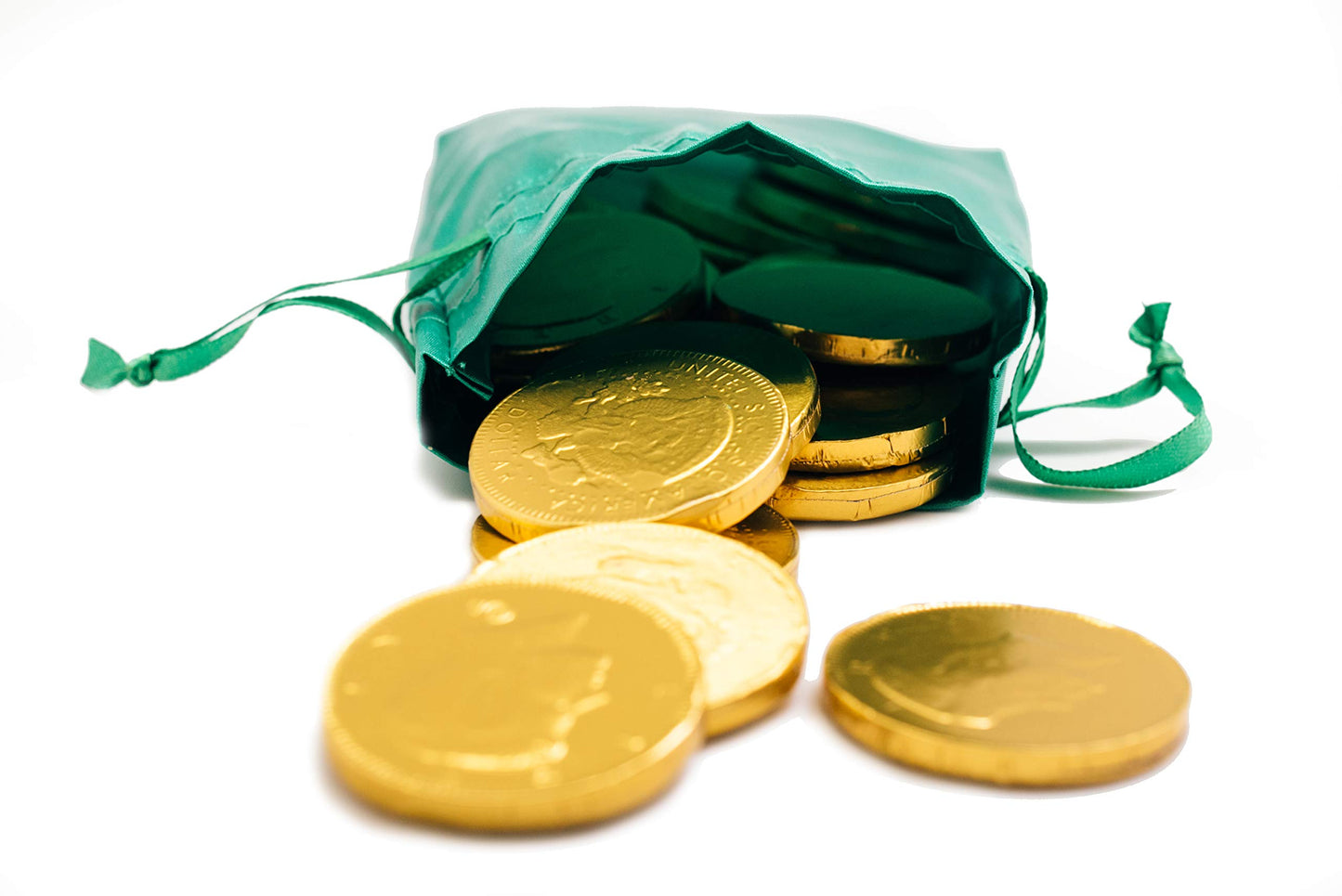 St. Patrick's Day Green Pouch w/ 20 Milk Chocolate Gold Coins - Linen Drawstring Bag - Golden American Half Dollar Coins - St. Paddy's Day Wedding and Party Favors