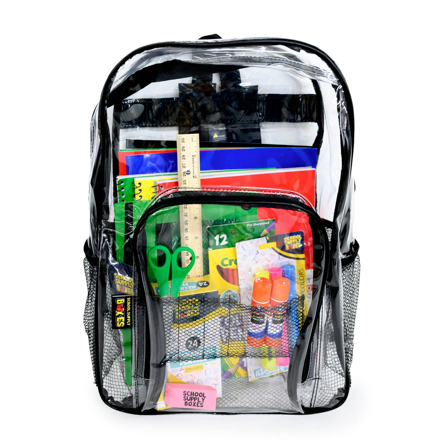 School Supply Boxes | 17" Clear or Black Backpack Bundle for Middle School |  Back to School Bookbag with Supplies | Contains Pencil Pouch, Notebooks, Highlighters, Mechanical Pencils, & More