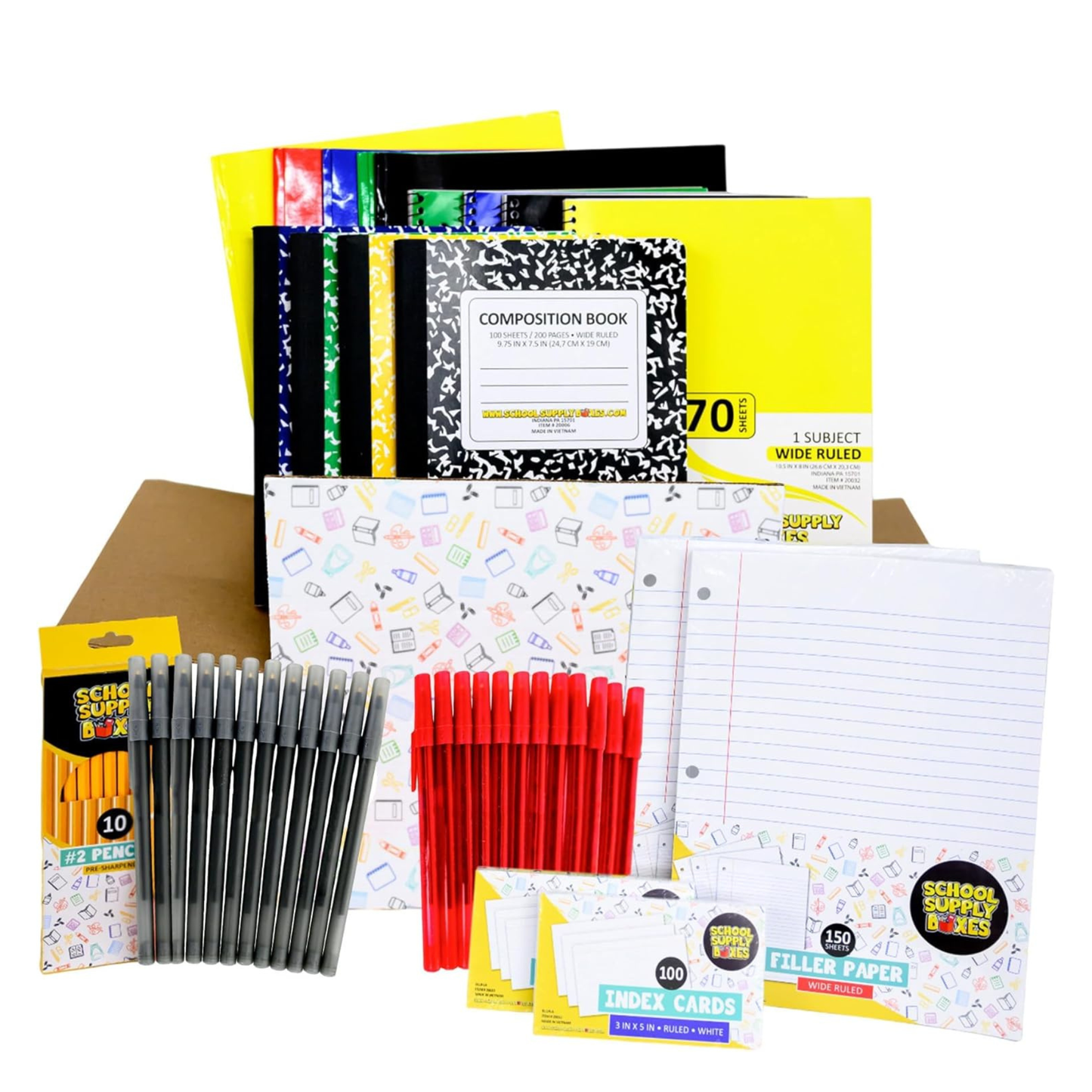 School Supply Boxes | Elementary Writing Bundle (72 Piece) | House Brand Edition | Available in a Box (1 Unit), a Case (2 Units), and a Pallet (112 Units)