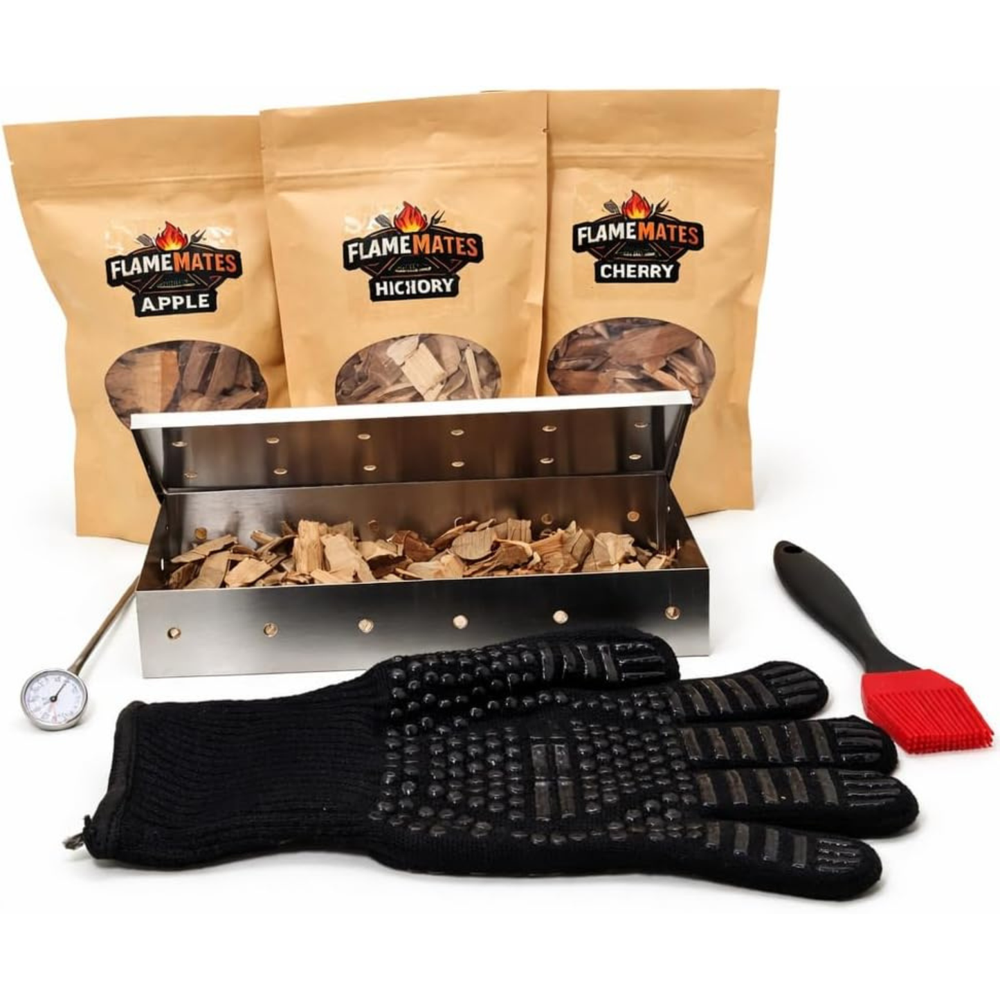 Gift Box Garden – Deluxe BBQ Smoker Kit – Grill Smoking Accessories Set with Smoker Box, Meat Thermometer, Basting Brush, Heat-Resistant Glove & Wood Chips (Hickory, Cherry, Apple)