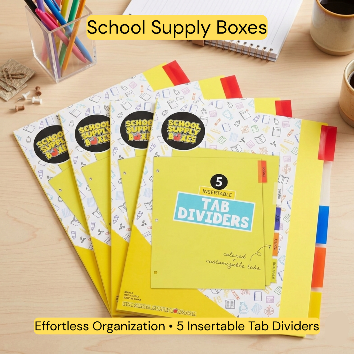 School Supply Boxes | (5 ct.) Insertable Tab Dividers  | Available in 6 Pack, 12 Pack, 24 Pack, 48 Pack, and 96 Pack | Colored & Customizable Tabs