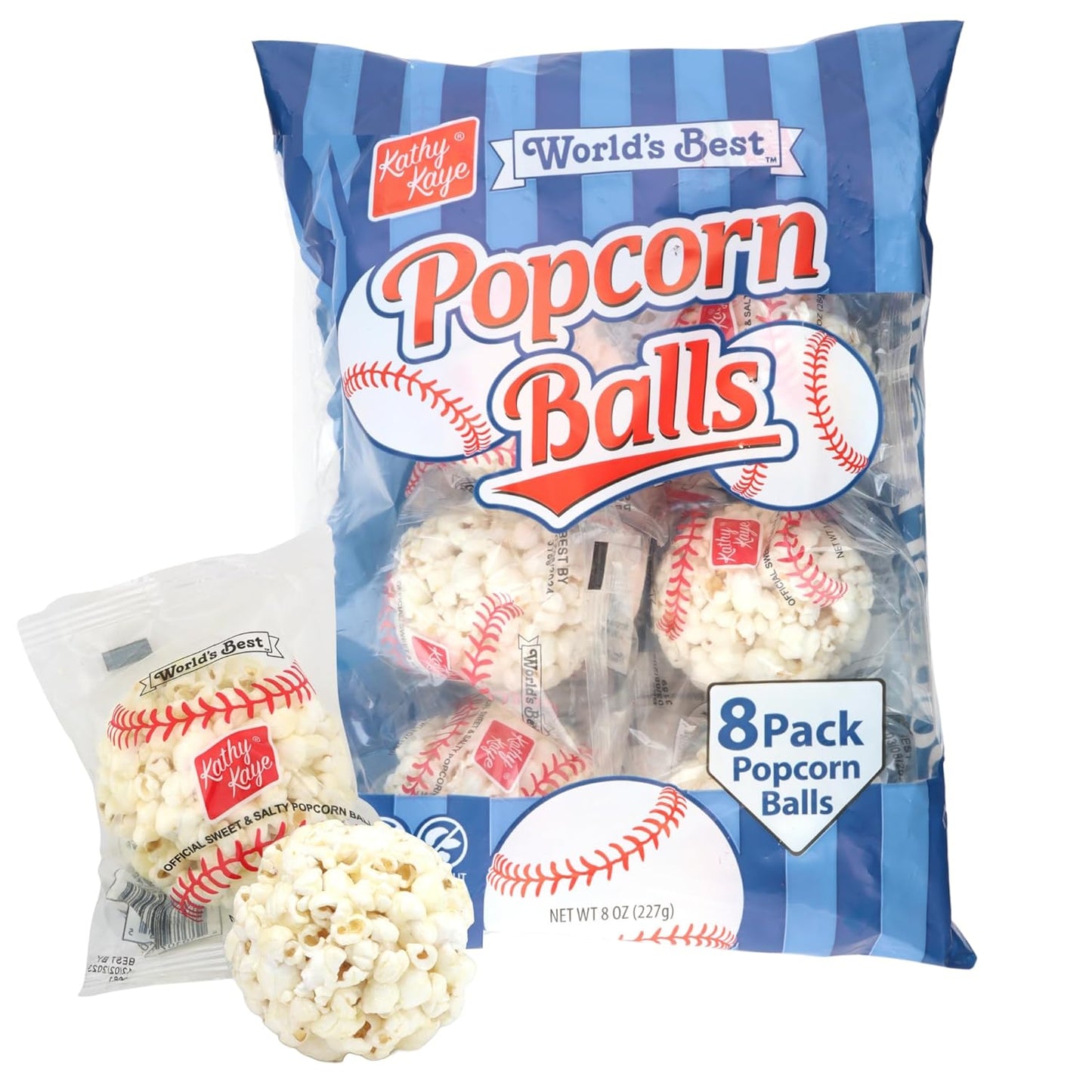 Kathy Kaye Popcorn Balls – Individually Wrapped Popcorn Treats - 8 Count Bag or 18 Count Box