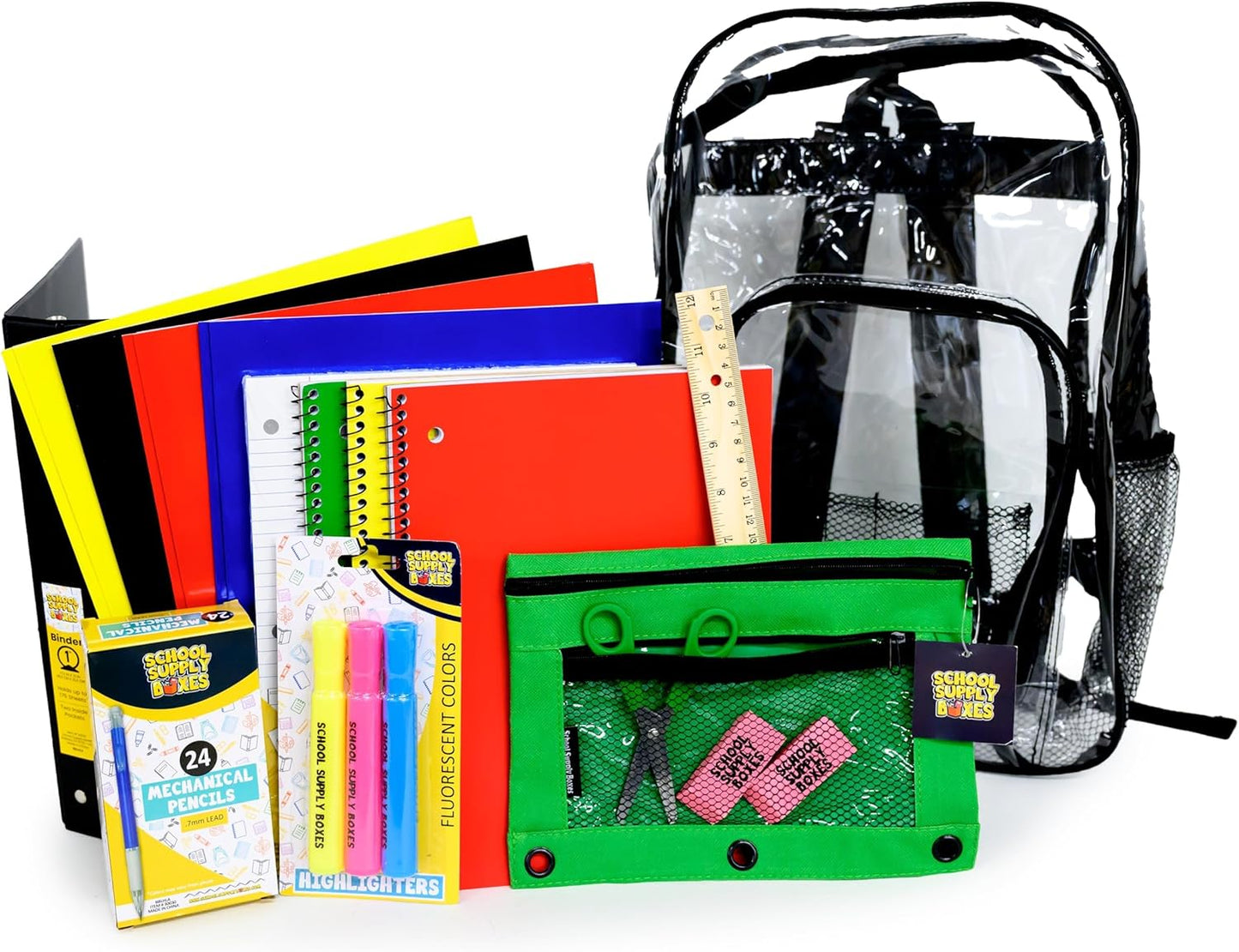 School Supply Boxes | 17" Clear & Black Backpack Bundle | Back to School Set for High School Students | 1 Backpack, Case (6), Pallet (180)