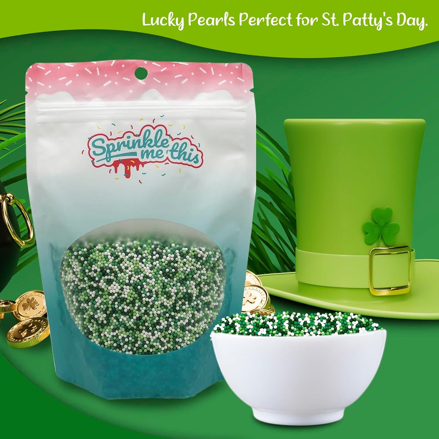 Sprinkle Me This – St. Paddy’s Pearls – Lucky Green, Lime & White Sugar Sprinkles (8 & 12 oz Bags)