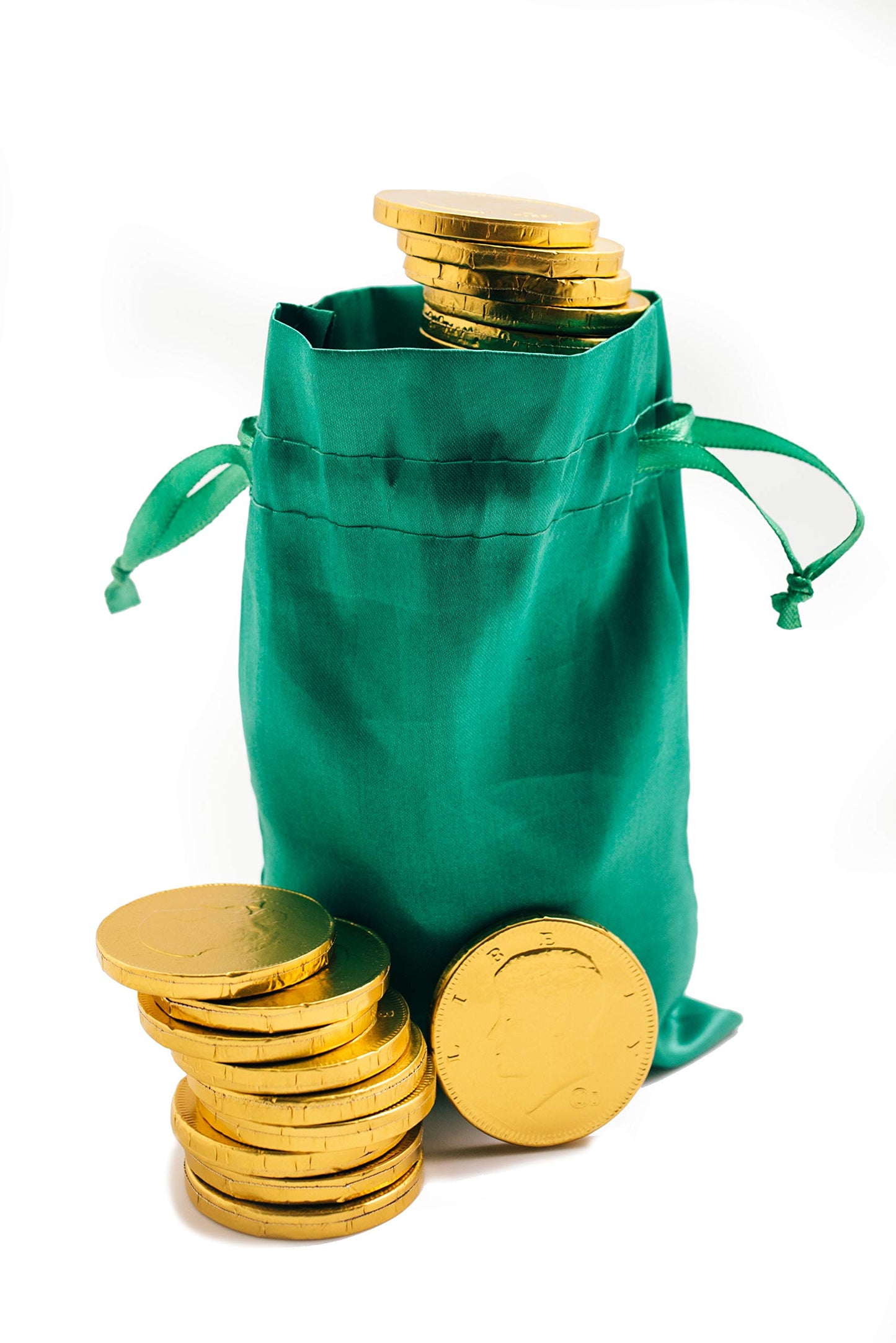 St. Patrick's Day Green Pouch w/ 20 Milk Chocolate Gold Coins - Linen Drawstring Bag - Golden American Half Dollar Coins - St. Paddy's Day Wedding and Party Favors
