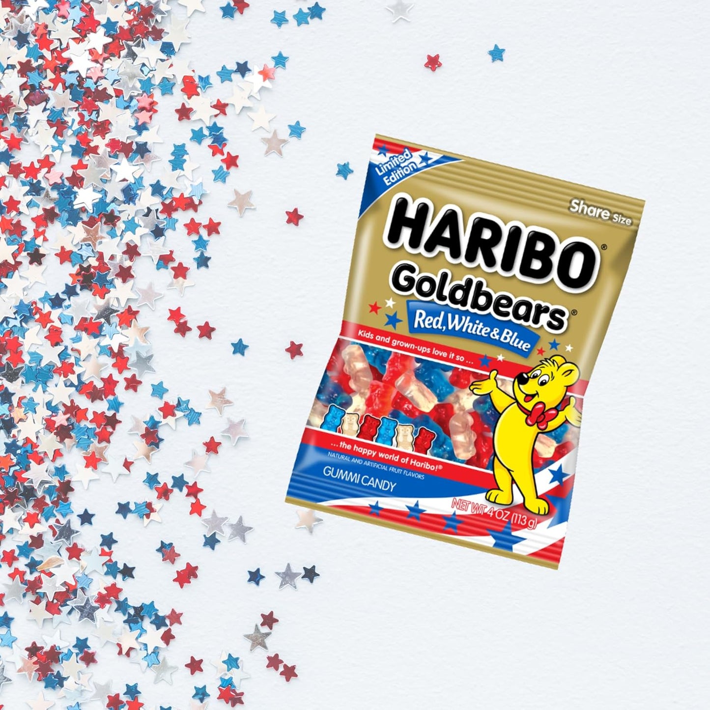 HARIBO Goldbears Red, White & Blue Gummy Candy 4 oz Bags | Cherry, Pineapple & Blue Raspberry | 1, 3, 6 & 12 Pack Options