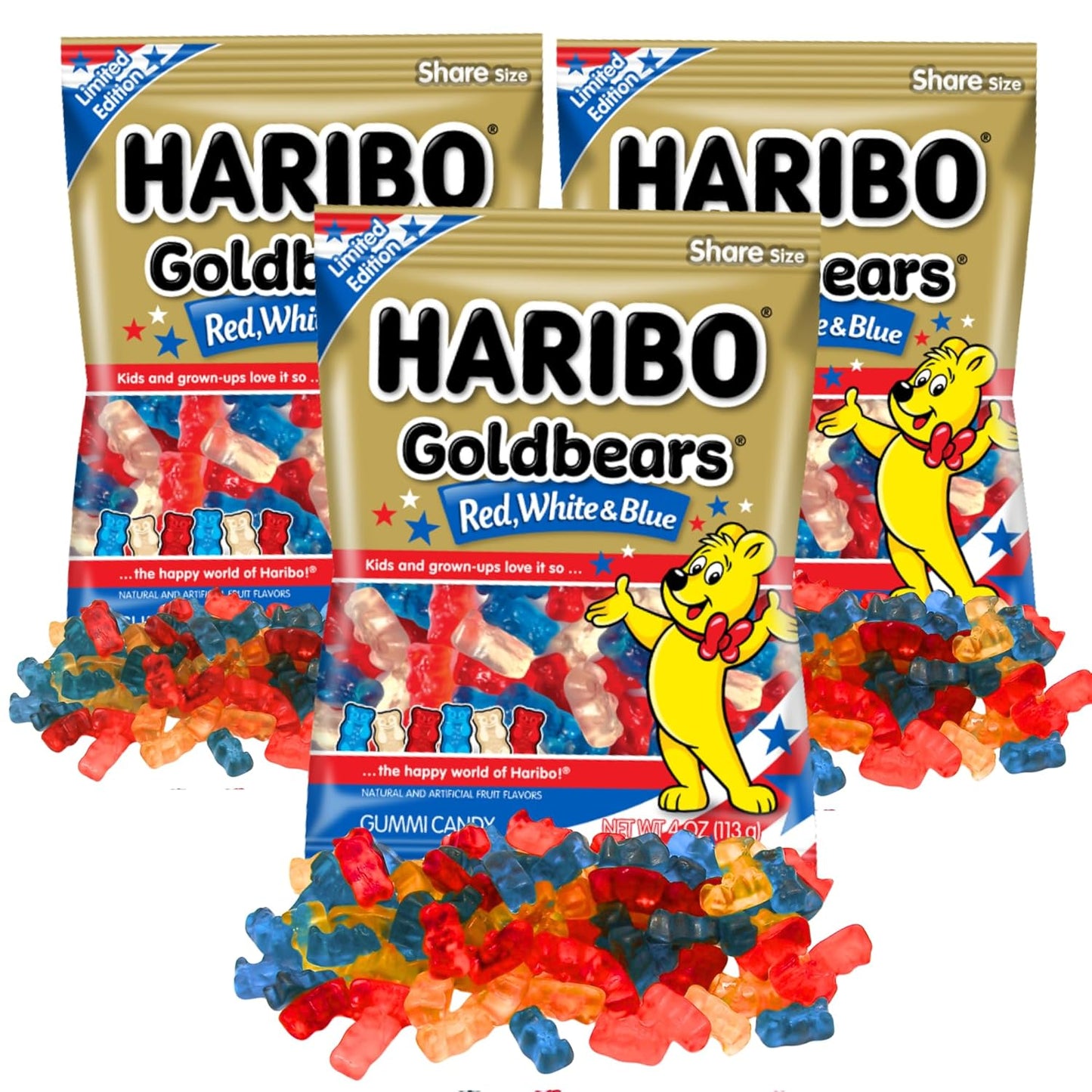 HARIBO Goldbears Red, White & Blue Gummy Candy 4 oz Bags | Cherry, Pineapple & Blue Raspberry | 1, 3, 6 & 12 Pack Options