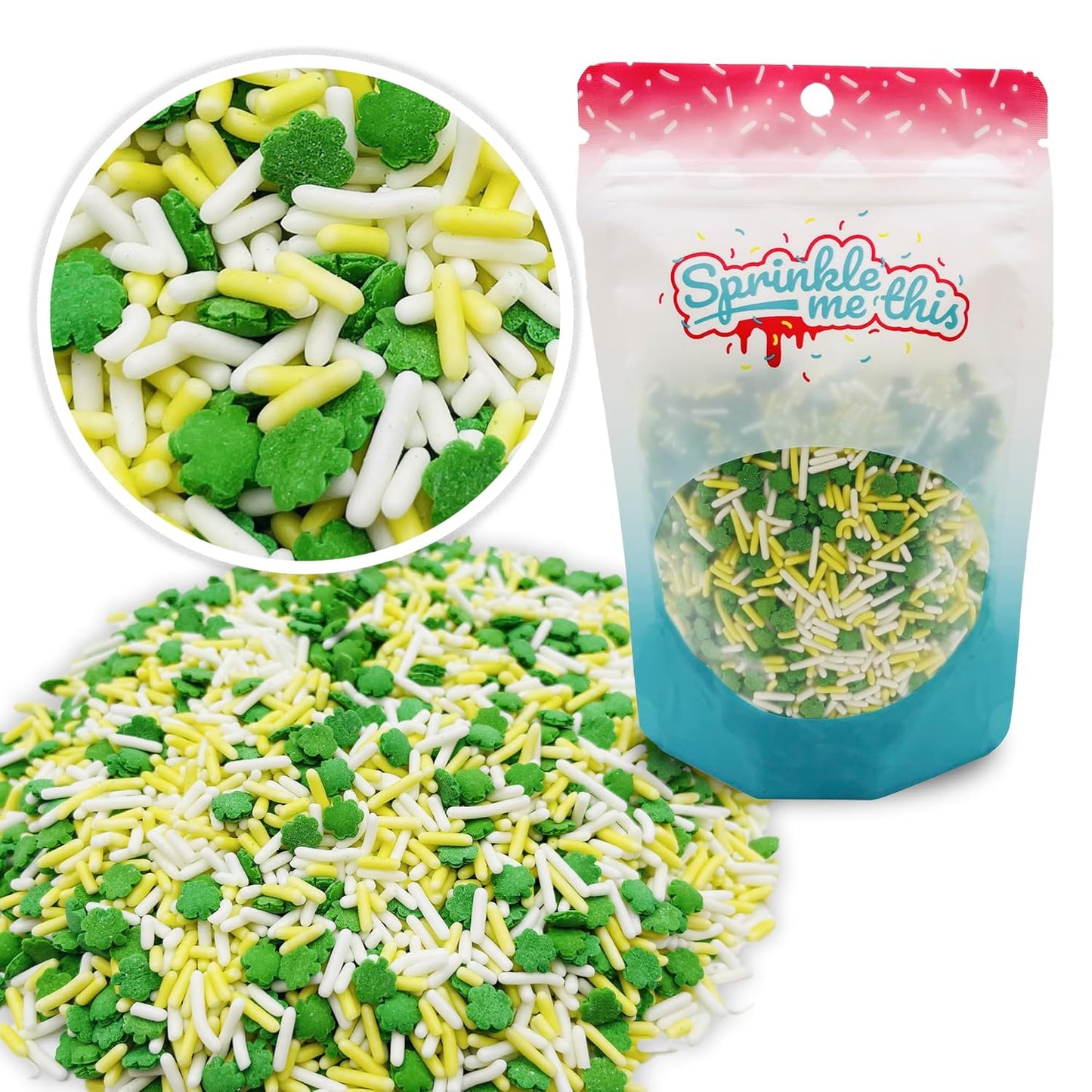 St. Pat’s Luck Sprinkle Blend – Shamrock, White & Yellow Sprinkles | 4, 8 & 12 oz Bags