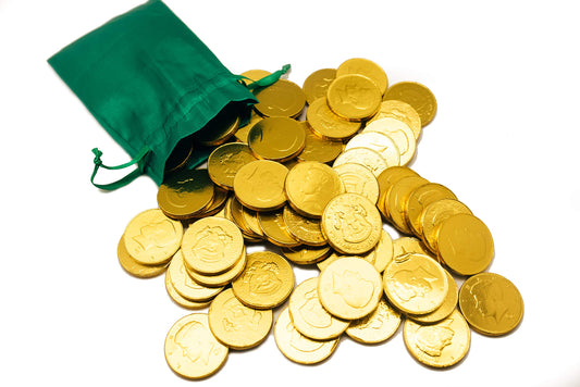 St. Patrick's Day Green Pouch w/ 20 Milk Chocolate Gold Coins - Linen Drawstring Bag - Golden American Half Dollar Coins - St. Paddy's Day Wedding and Party Favors