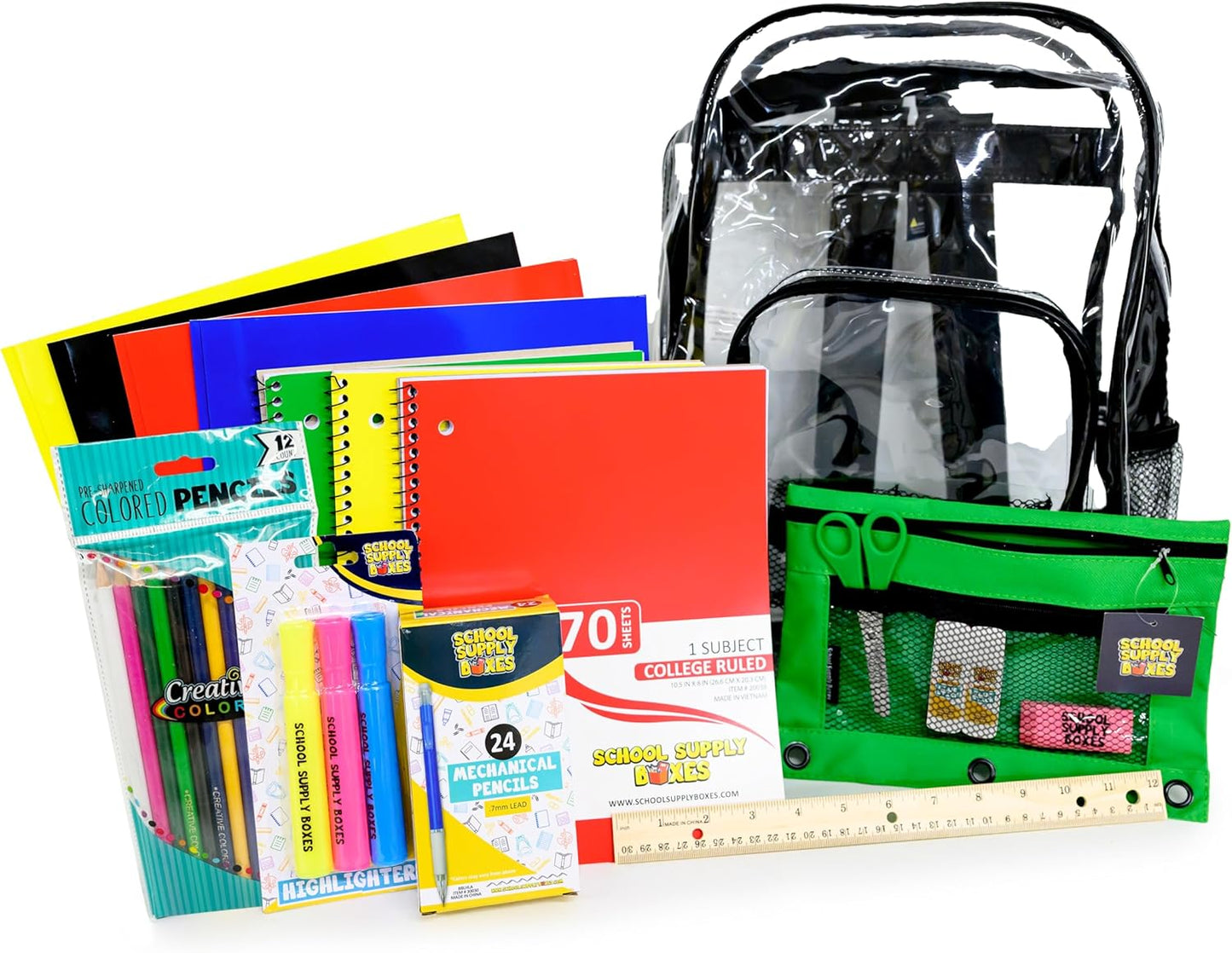 School Supply Boxes | 17" Clear & Black Backpack Bundle | Back to School Set for Middle School Students | 1 Backpack, Case (6), Pallet (180)