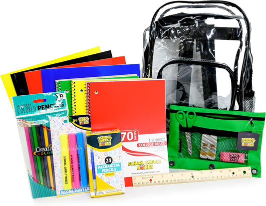 School Supply Boxes | 17" Clear & Black Backpack Bundle | Back to School Set for Middle School Students | 1 Backpack, Case (6), Pallet (180)