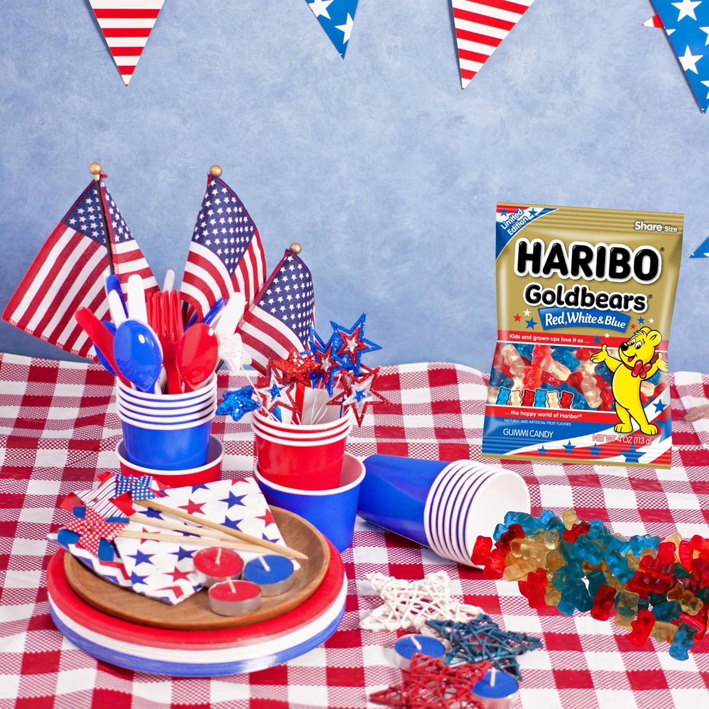HARIBO Goldbears Red, White & Blue Gummy Candy 4 oz Bags | Cherry, Pineapple & Blue Raspberry | 1, 3, 6 & 12 Pack Options