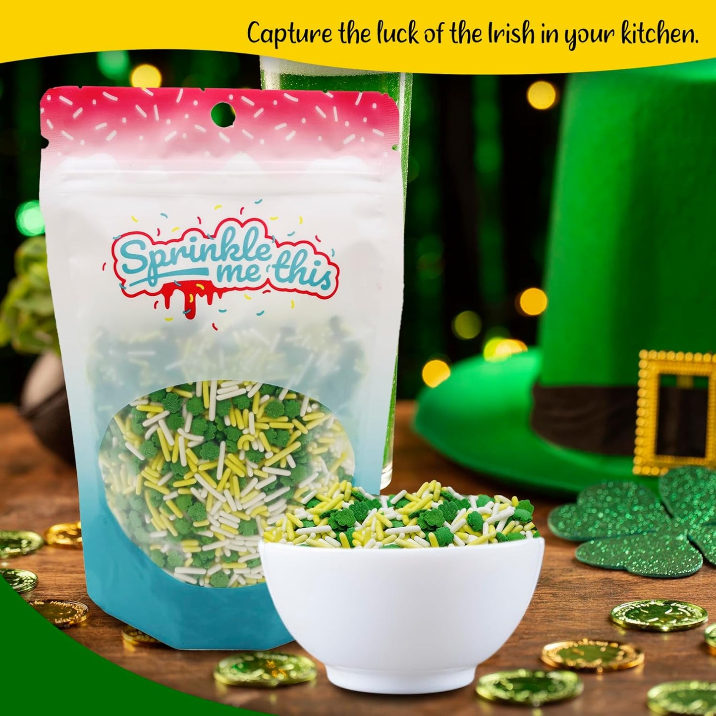 St. Pat’s Luck Sprinkle Blend – Shamrock, White & Yellow Sprinkles | 4, 8 & 12 oz Bags