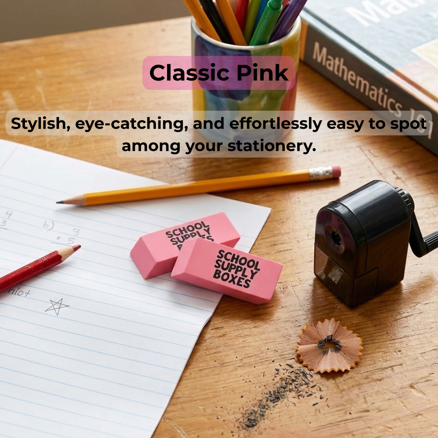 School Supply Boxes | Pink Wedge Erasers | Available in 60 Pack, 120 Pack, 240 Pack, 480 Pack | Smudge-Free and Durable