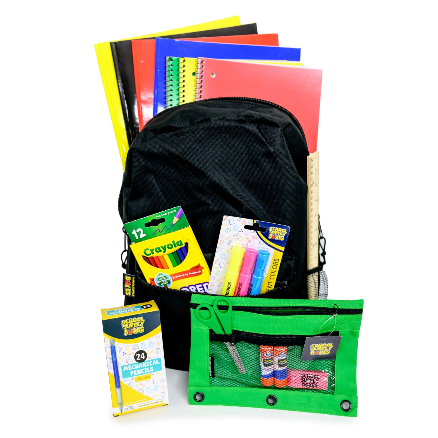 School Supply Boxes | 17" Clear or Black Backpack Bundle for Middle School |  Back to School Bookbag with Supplies | Contains Pencil Pouch, Notebooks, Highlighters, Mechanical Pencils, & More