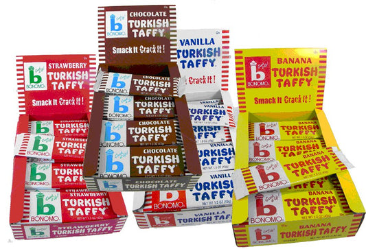 Bonomo Turkish Taffy Bars 1.5 oz – Nostalgic Chewy Candy in Vanilla, Chocolate, Strawberry & Banana, Single, Multi-Pack & 4-Pack Variety
