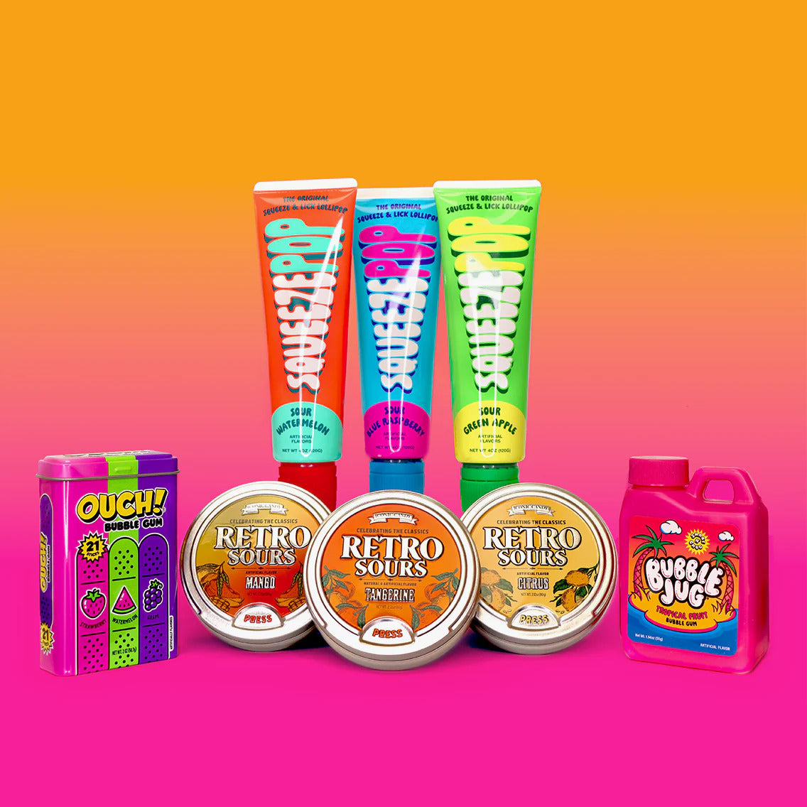 Iconic Candy – Best of ’90s Nostalgia Variety Pack – Squeeze Pops, Retro Sours, Ouch! Gum & Bubble Jug – 8-Piece Set