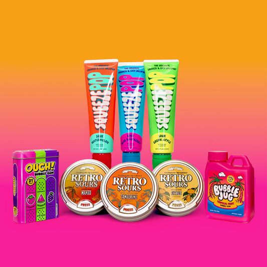 Iconic Candy – Best of ’90s Nostalgia Variety Pack – Squeeze Pops, Retro Sours, Ouch! Gum & Bubble Jug – 8-Piece Set