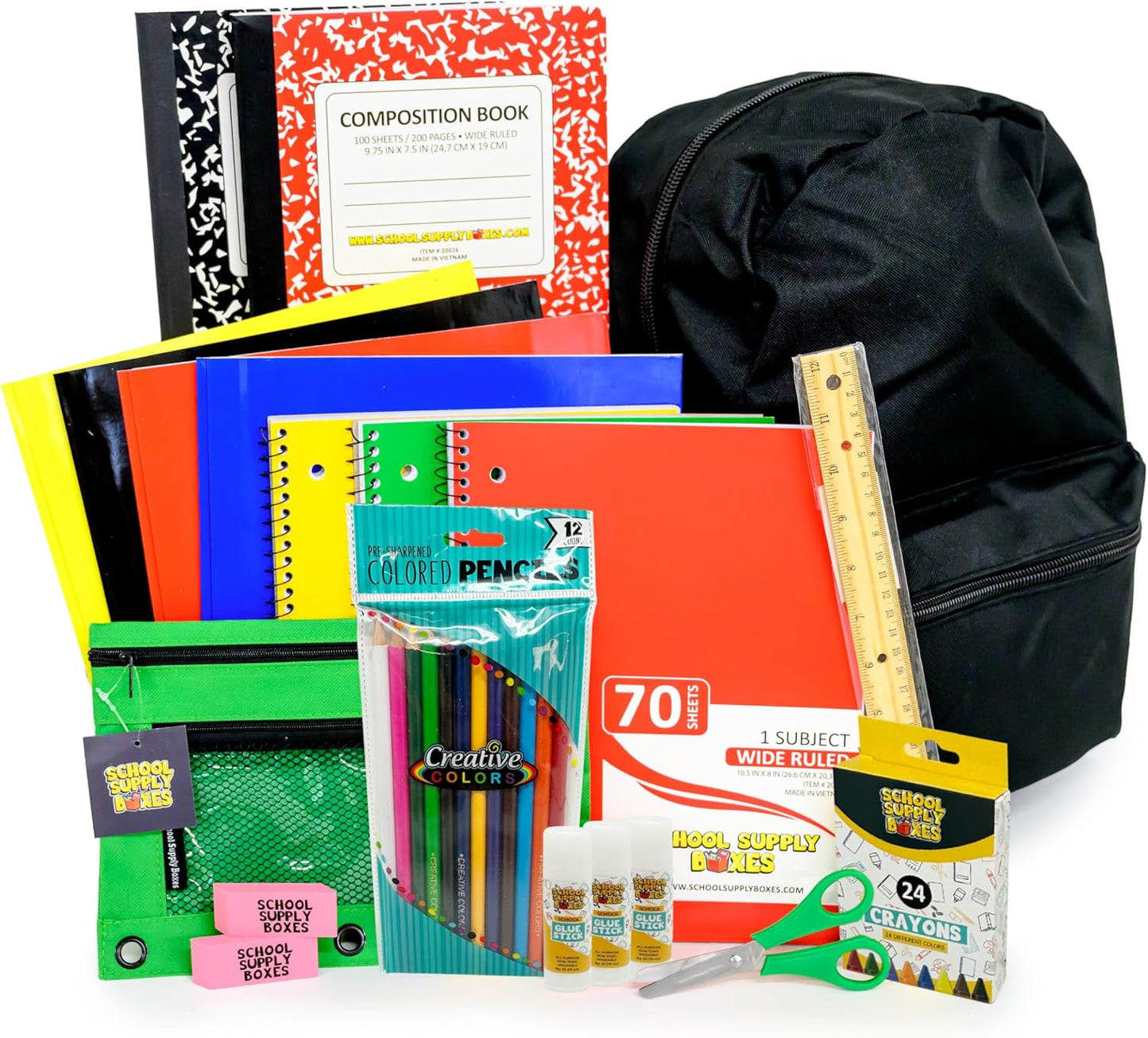 School Supply Boxes | 17" Clear & Black Backpack Bundle | Back to School Set for Elementary Students | 1 Backpack, Case (6), Pallet (180)