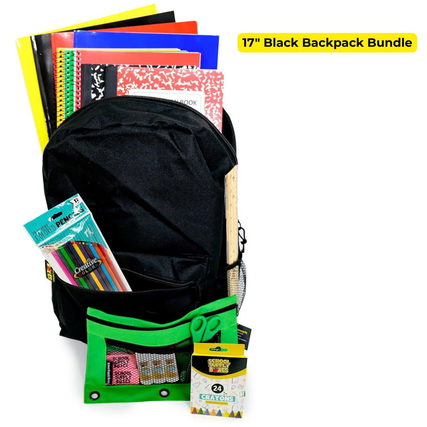 School Supply Boxes | 17" Clear & Black Backpack Bundle | Back to School Set for Elementary Students | 1 Backpack, Case (6), Pallet (180)