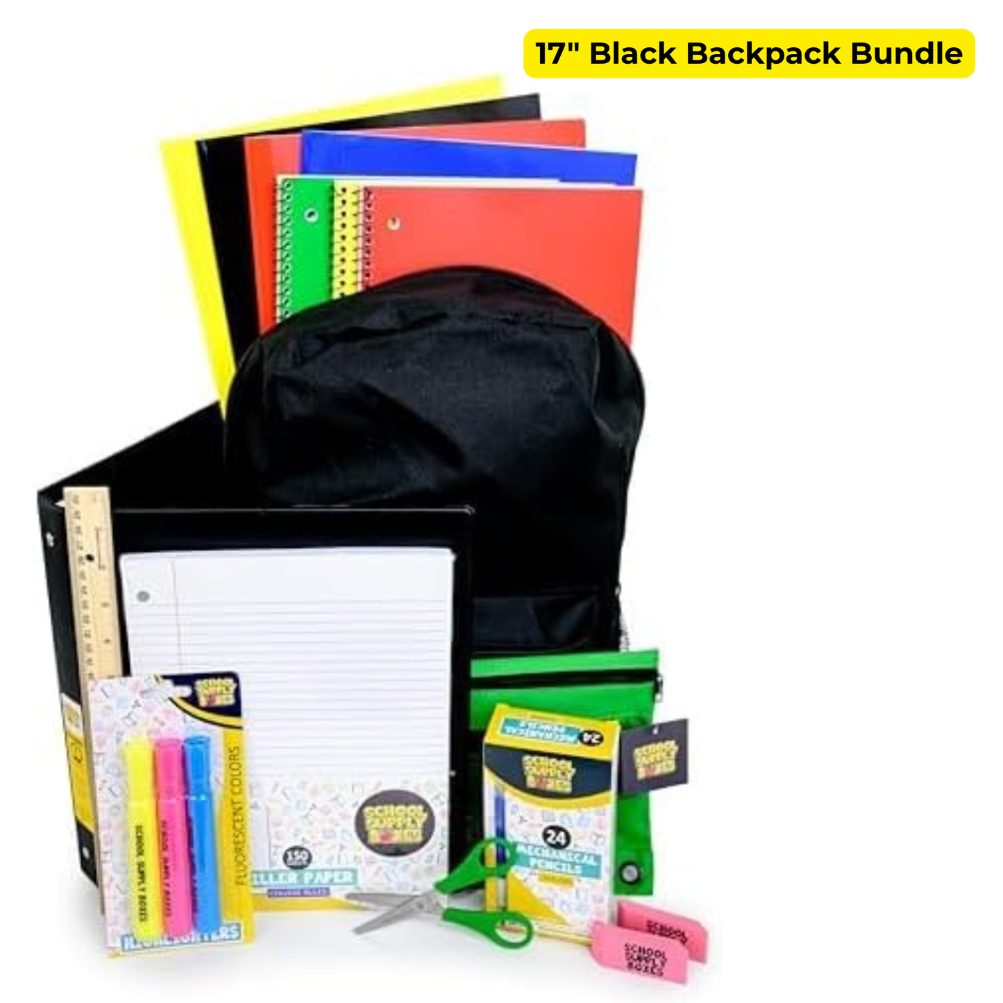 School Supply Boxes | 17" Clear & Black Backpack Bundle | Back to School Set for High School Students | 1 Backpack, Case (6), Pallet (180)