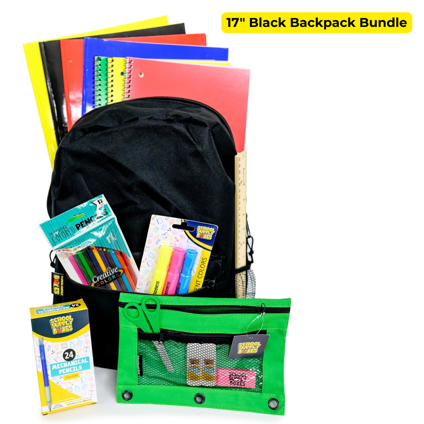School Supply Boxes | 17" Clear & Black Backpack Bundle | Back to School Set for Middle School Students | 1 Backpack, Case (6), Pallet (180)