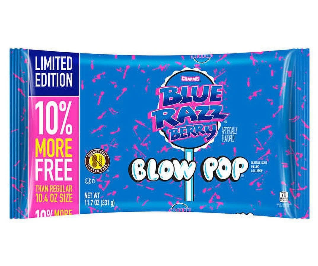 Charms Blue Razz Berry Blow Pops – 11.7 oz Bag – Hard Candy Lollipops with Bubble Gum Center