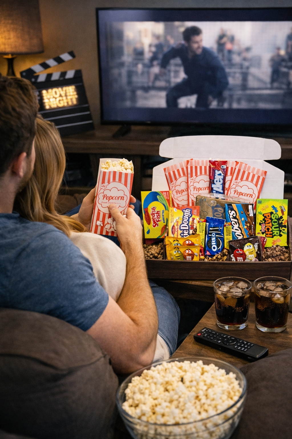 Gift Box Garden – 27-Piece Movie Night Snack Gift Box – Popcorn, Candy, Chocolate, Cookies & Savory Snacks