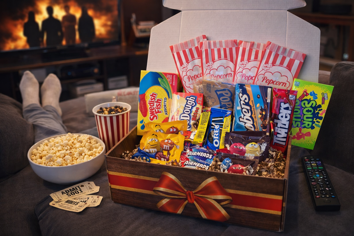 Gift Box Garden – 27-Piece Movie Night Snack Gift Box – Popcorn, Candy, Chocolate, Cookies & Savory Snacks
