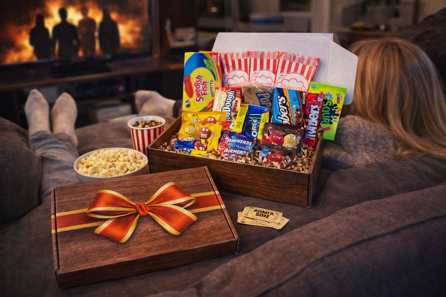 Gift Box Garden – 27-Piece Movie Night Snack Gift Box – Popcorn, Candy, Chocolate, Cookies & Savory Snacks