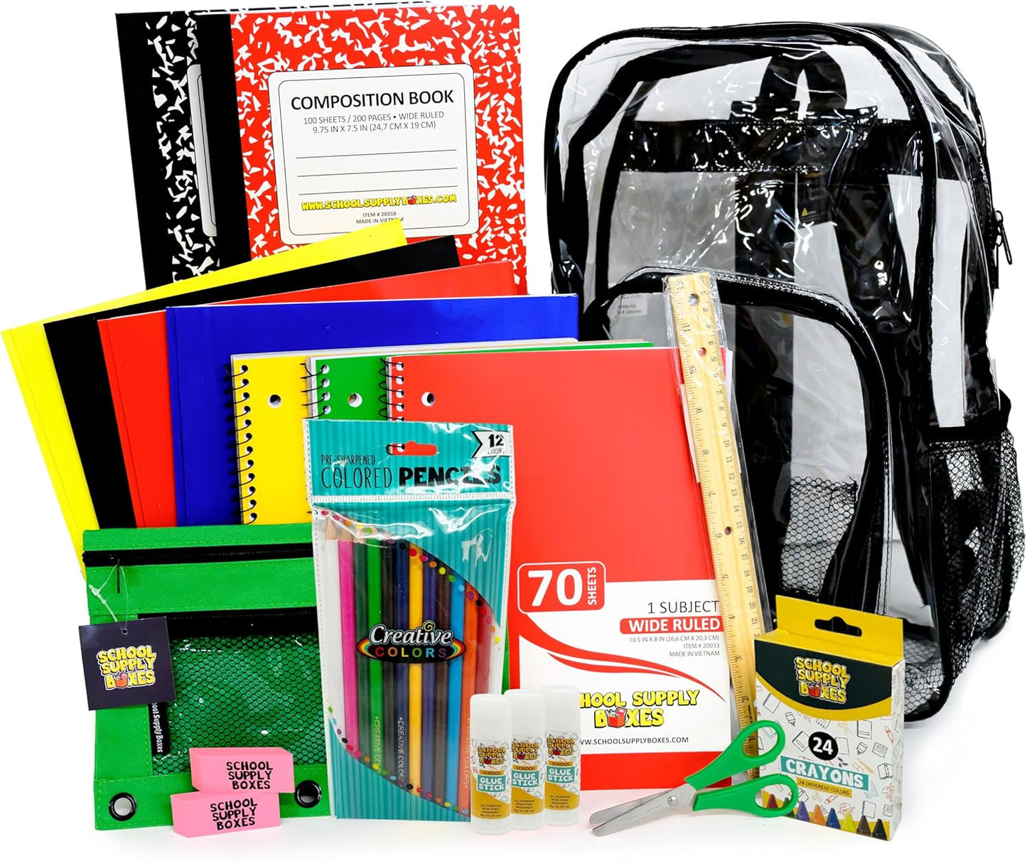 School Supply Boxes | 17" Clear & Black Backpack Bundle | Back to School Set for Elementary Students | 1 Backpack, Case (6), Pallet (180)