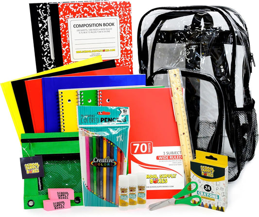 School Supply Boxes | 17" Clear & Black Backpack Bundle | Back to School Set for Elementary Students | 1 Backpack, Case (6), Pallet (180)