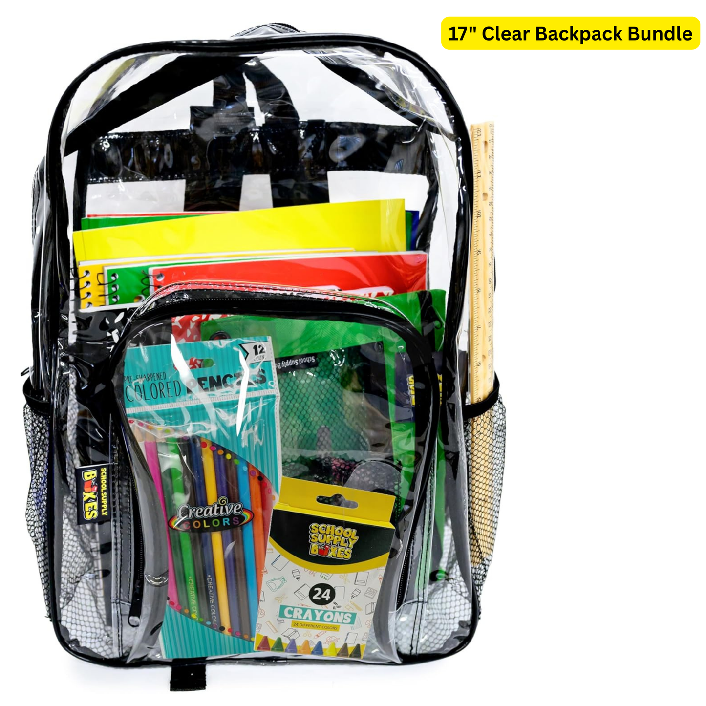 School Supply Boxes | 17" Clear & Black Backpack Bundle | Back to School Set for Elementary Students | 1 Backpack, Case (6), Pallet (180)