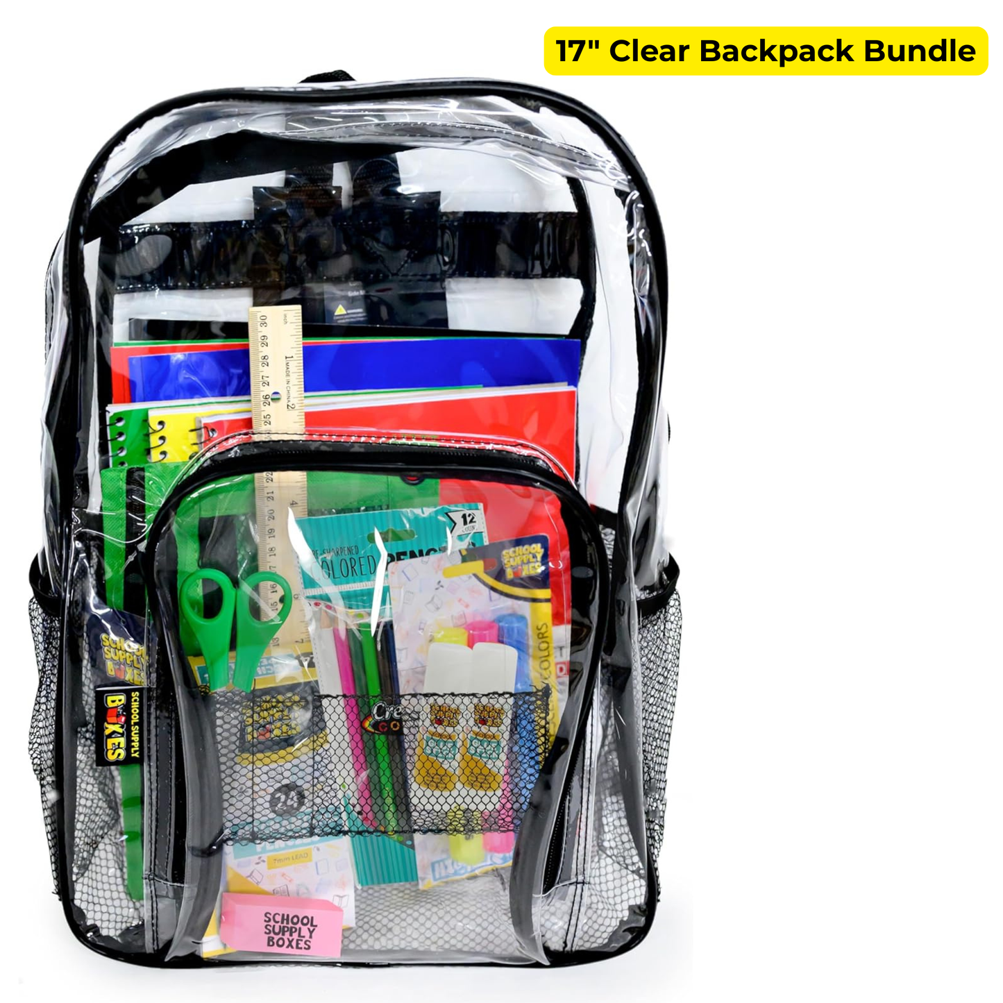 School Supply Boxes | 17" Clear & Black Backpack Bundle | Back to School Set for Middle School Students | 1 Backpack, Case (6), Pallet (180)