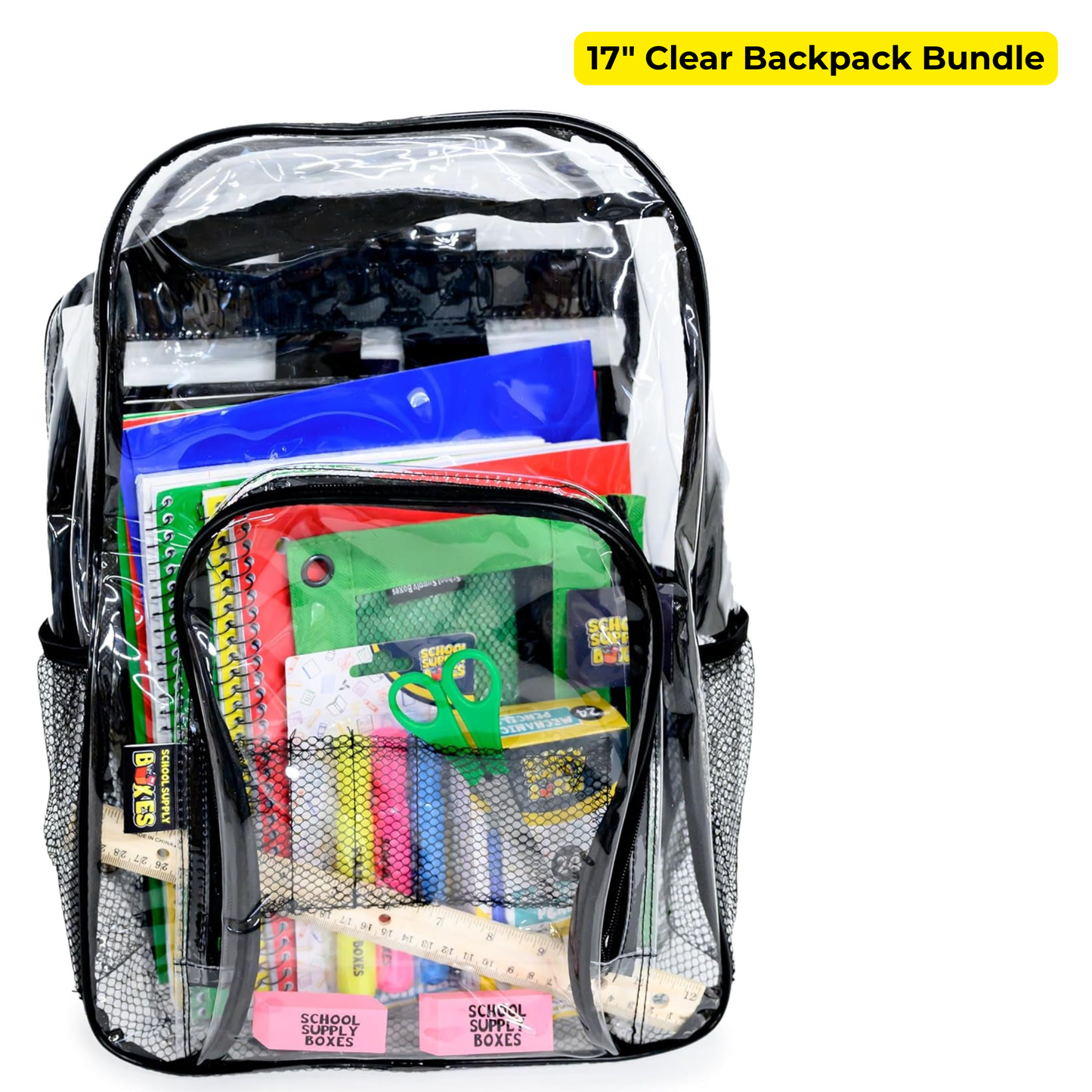 School Supply Boxes | 17" Clear & Black Backpack Bundle | Back to School Set for High School Students | 1 Backpack, Case (6), Pallet (180)