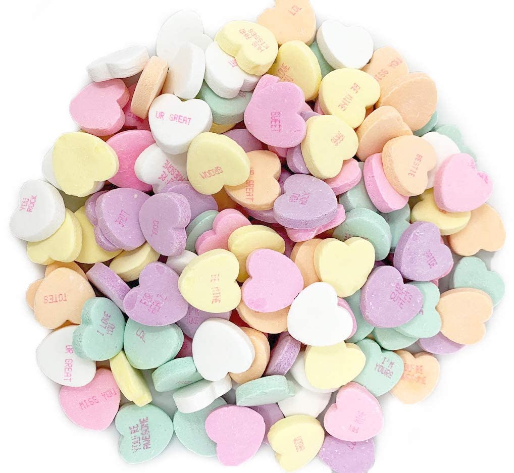 Conversation Hearts – Pastel Heart-Shaped Candy with Messages, Sizes: 1, 2, 3 & 5 lb Resealable Bags