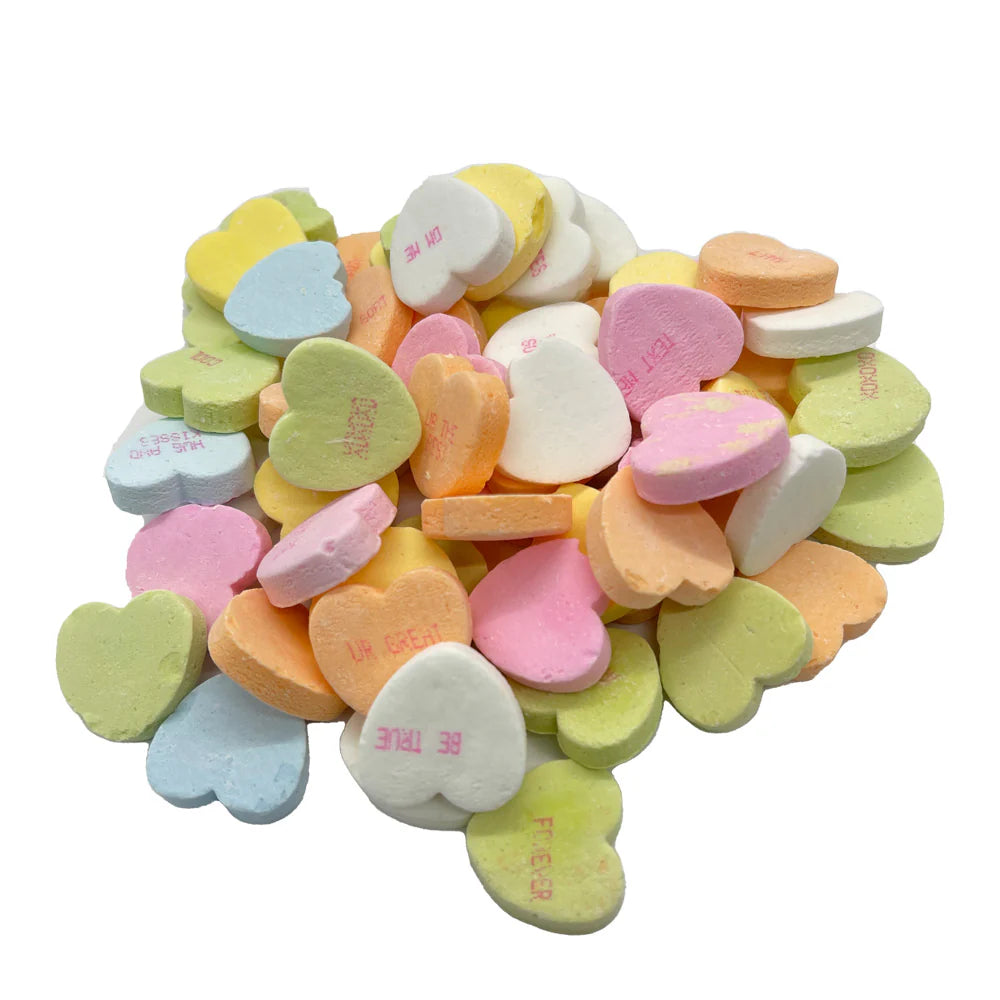 Conversation Hearts – Pastel Heart-Shaped Candy with Messages, Sizes: 1, 2, 3 & 5 lb Resealable Bags