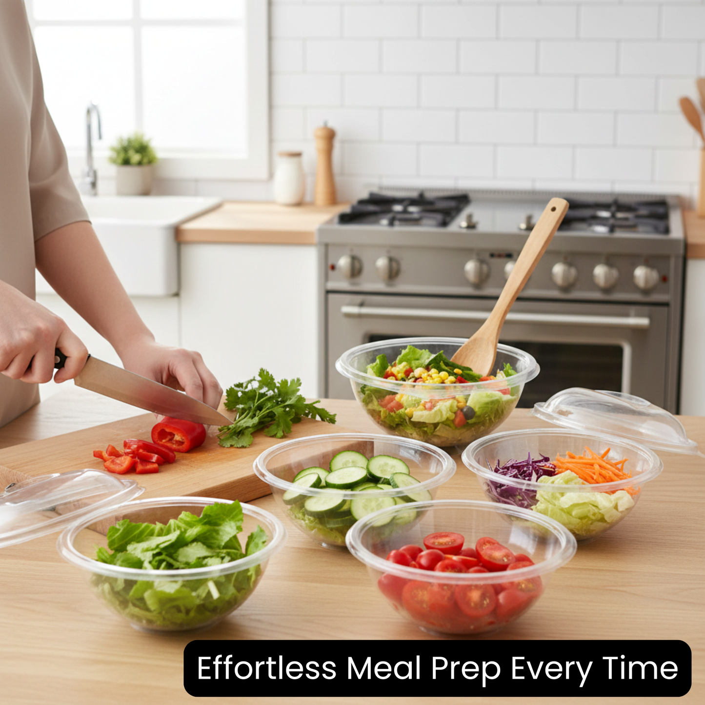 Clear Plastic Salad Bowls with Lids (24 Ounces) – Disposable To-Go Containers for Salads, Smoothie Bowls & Power Bowls – Leak-Resistant, Stackable, BPA-Free